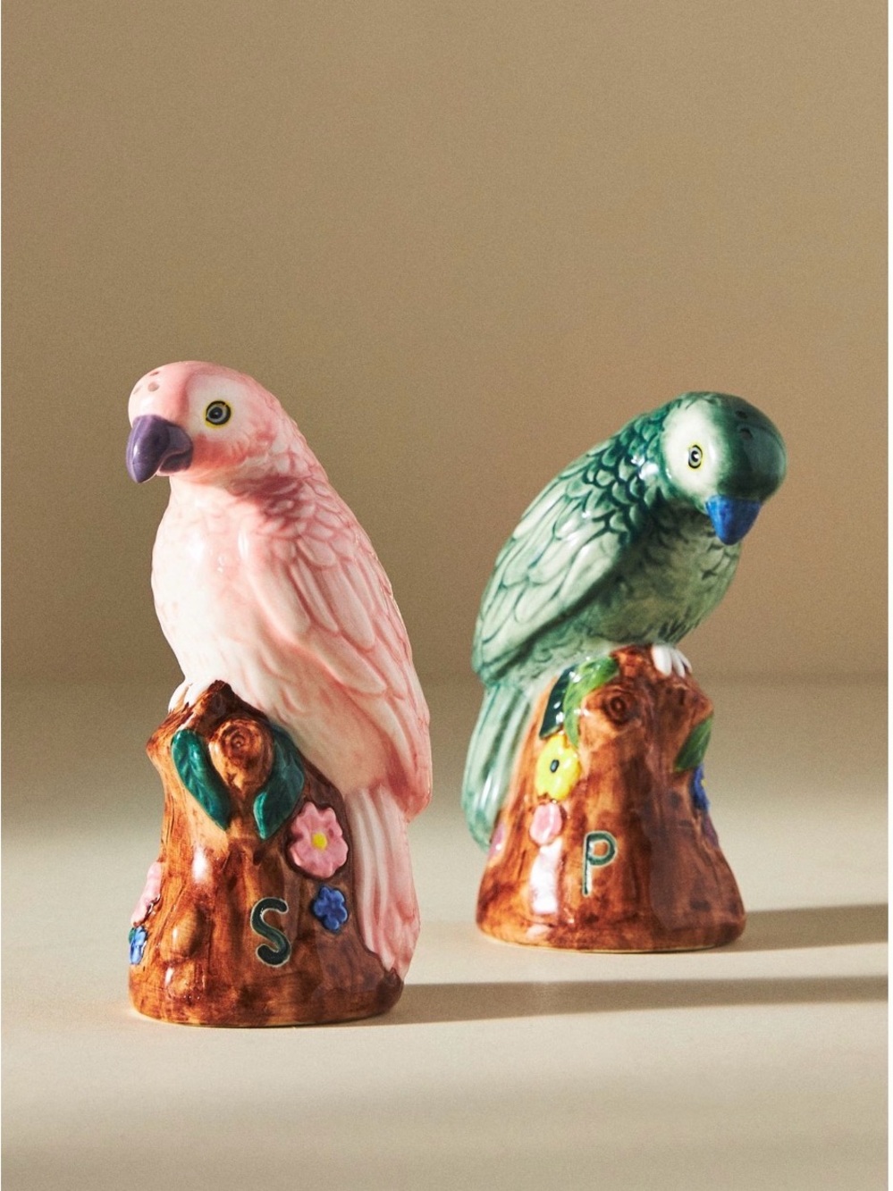 Anthropologie Green and Pink Parrot Salt and Pepper Shakers by Loros